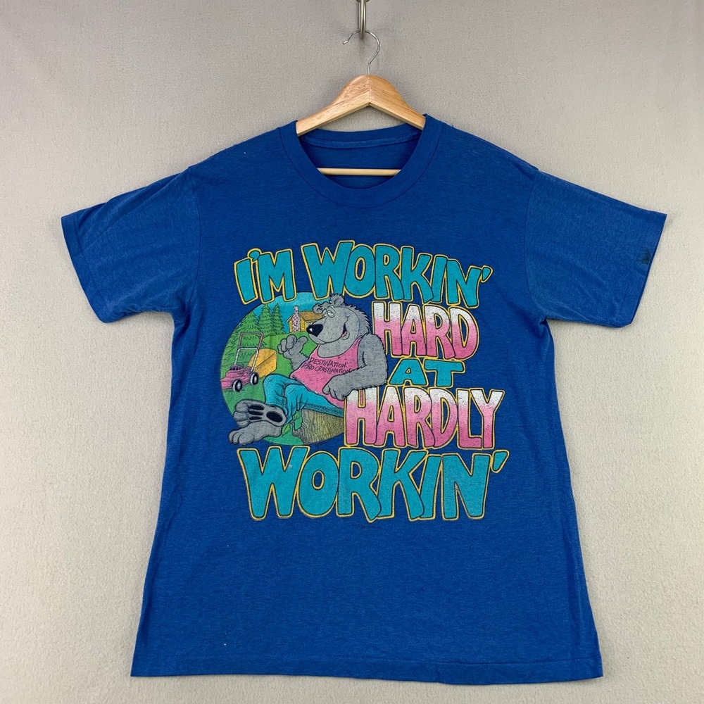 Vintage Graphic Tee Mens Large Blue‎ Paper Thin Single Stitch Hardly Workin' 90s